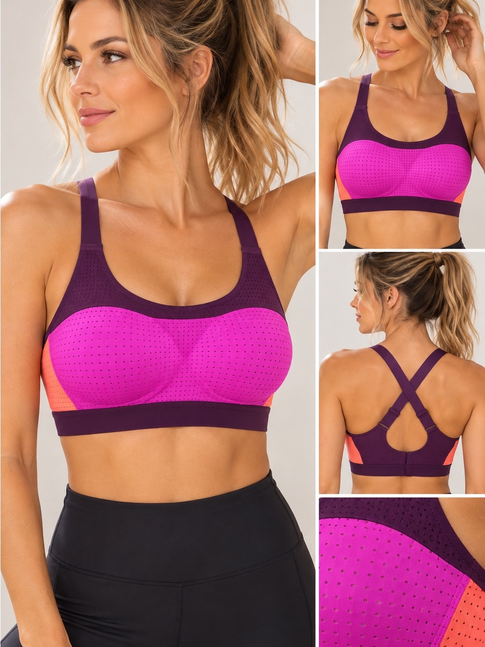 Victoria’s Secret Sport Bra 32D Pink Purple High Impact Racerback Athletic